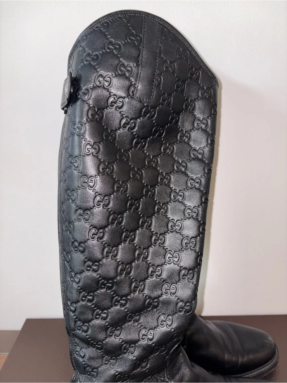 of Gucci Black Guccissima Soft Leather Knee-High Riding Boots Embossed GG